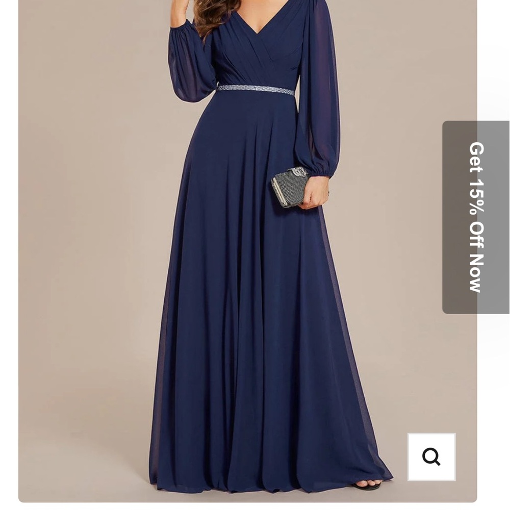 Ever Pertty Pleated Double V-Neck Long Sleeves Shiny Belt Chiffon Evening Dress